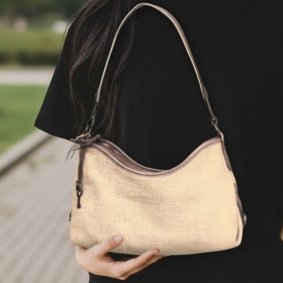 Fossil Handbags - Fossil Vintage Beige Woven Straw Leather Shoulder Bag Purse